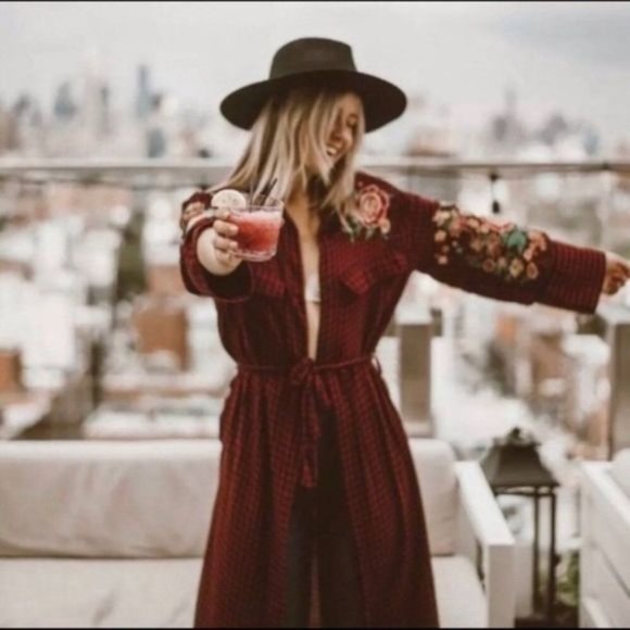 Zara trf Duster Tunic Dress Red Navy Plaid Embroidered Floral Belted size XS - Picture 2 of 14